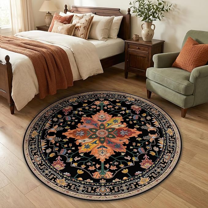 RELEANY Area Rugs Round 4ft Washable Non-Slip, Floral Vintage Distress Print Pattern Medallion Carpet for Living Room Bedroom Dining Room, Black Colorful Floral Dark Tan