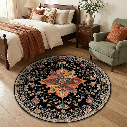 RELEANY Area Rugs Round 4ft Washable Non-Slip, Floral Vintage Distress Print Pattern Medallion Carpet for Living Room Bedroom Dining Room, Black Colorful Floral Dark Tan