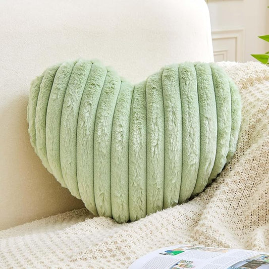 XVTRU Heart Pillows Heart Decorative Pillow Soft Fluffy Heart Shaped Sage Green Throw Pillows with Faux Rabbit Fur Aesthetic Room Decor Cute Small Pillow for Valentines Mother's Day