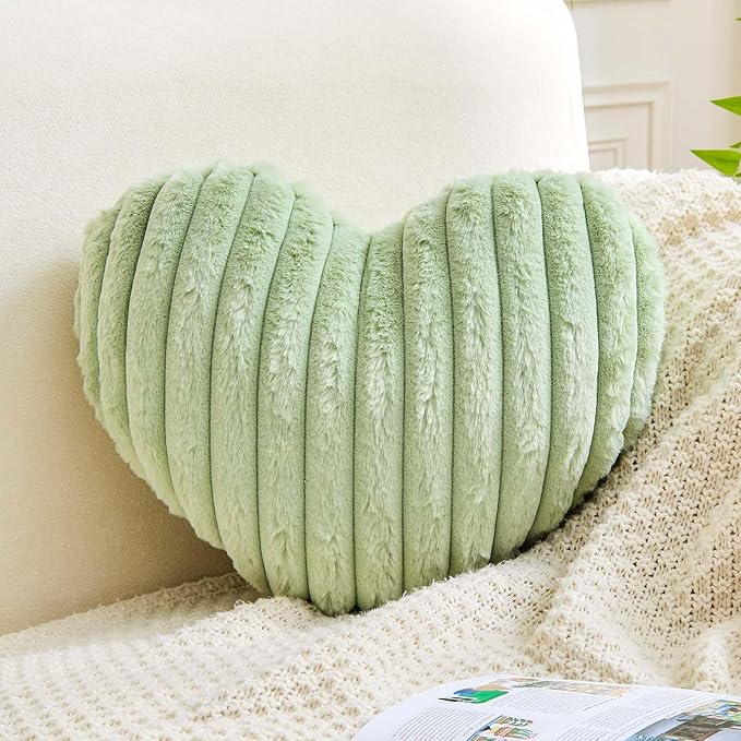 XVTRU Heart Pillows Heart Decorative Pillow Soft Fluffy Heart Shaped Sage Green Throw Pillows with Faux Rabbit Fur Aesthetic Room Decor Cute Pillow for Valentines Mother's Day