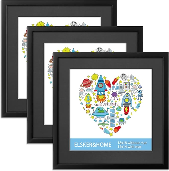 ELSKER&HOME 18x18 Frame Black, 14x14 Frame with Mat or 18x18 Picture Frame without Mat 3 Pack, Wall Mounting Include 3 Wall Art Prints