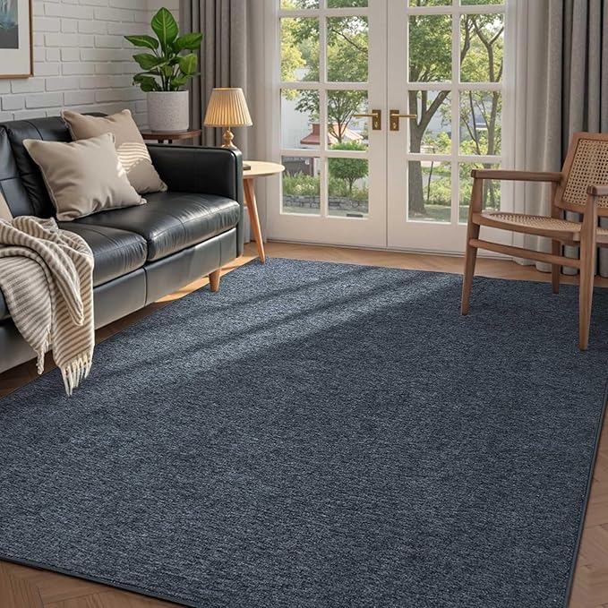 FinRèc 4x6 Washable Area Rugs for Bedroom Living Room, Low Pile Thin Rug Solid Color, Non-Slip Carpet Indoor for Home Decor (Grey Blue/White)