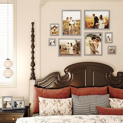 Egofine Picture Frame Set 10 Pack, Collage Wall & Tabletop Decor with Two Sizes - 12x16, 11x14, 5x7, 4x6, 4x4; Solid Wood, Plexiglass Cover, Oak Grey