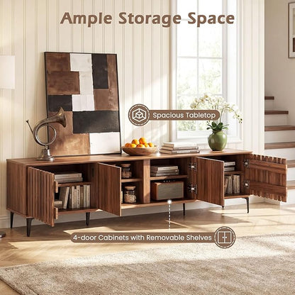 Giantex 4-Door Slatted TV Stand for 80 Inches TVs, Mid Century Modern Entertainment Center with 4 Storage Cabinets, Wooden TV Console Table with 6 Metal Legs for Living Room, Bedroom, Walnut