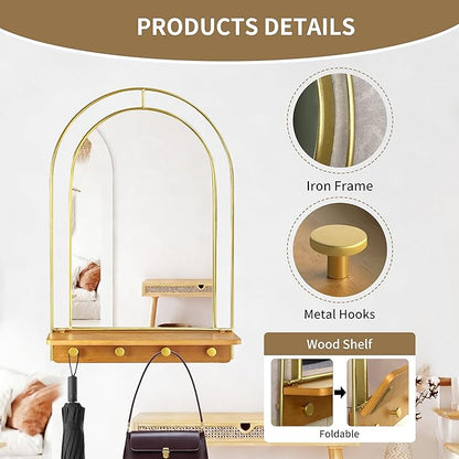 BAODANFU Gold Wall Mirror with Hooks, Arch Bathroom Mirror with Foldable Wood Shelf, 20x30 inches Arched Makeup Vanity Mirrors Decorative for Entryway, Bedroom, Dressing Room