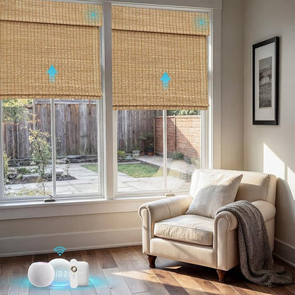 Motorized Bamboo Roman Shades, Motorized Blinds with Remote Compatible with Homekit, Alexa GoogleHome, Smart Wood Woven Shades for Indoor Windows, Customize, Shoreline Breeze