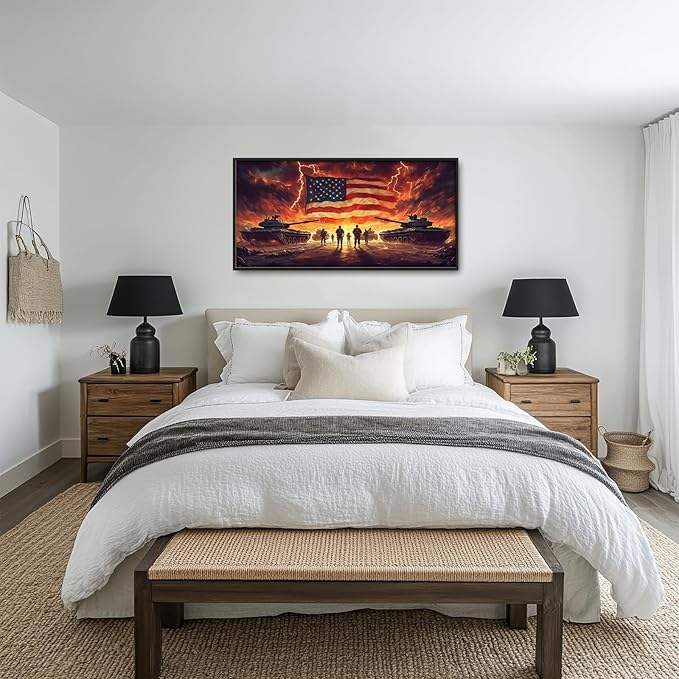 Soldiers Large Wall Art for Living Room Patriotic American Flag Framed Canvas Decor Military Army Veteran Prints Painting Pictures Extra Large Modern Independence Day Artwork for Bedroom Home 30"x60"