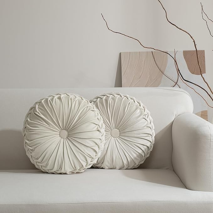 HIG Set of 2 Decorative Round Pleated Throw Pillows,Classy Accent Pumpkin Throw Pillows with Center Button,Vintage Velvet Floor Pillows for Sofa Vanity Chair Bed, Beige,14.5" Diameter(Ripple)