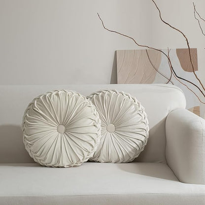 HIG Set of 2 Decorative Round Pleated Throw Pillows,Classy Accent Pumpkin Throw Pillows with Center Button,Vintage Velvet Floor Pillows for Sofa Vanity Chair Bed, Beige,14.5" Diameter(Ripple)