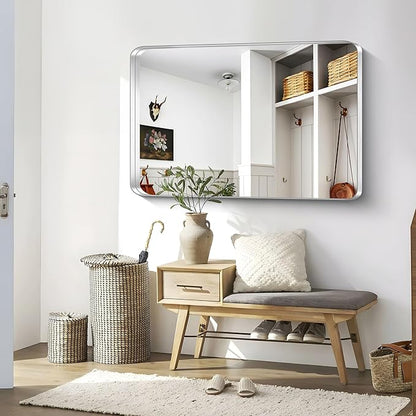 CIRCUMI Silver Bathroom Mirror, 36"x55" Rectangular Mirror with Deep Metal Frame, Rounded Corner, Tempered Glass, Large Mirror for Wall, Over 2 Sinks, Installed Vertically/Horizontally, Crystal-Clear