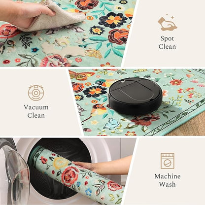Rugflix 5x7 Washable Area Rug for Living Room, Soft Non Slip Low Pile Carpet, Floral Vintage Stain Resistant Rugs for Bedroom, Dining Room, Home Office, Green