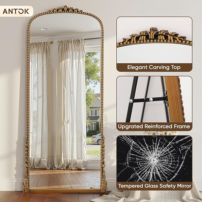 Antok Floor Mirror, 71"×32" Vintage Full Length Mirror Carved Full Body Mirror with Stand, Hanging Mounted for Bedroom Living Room Cloakroom,Gold,Luxury Style