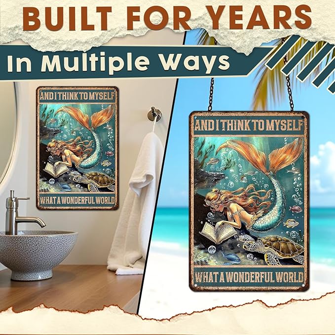 Mermaid Bathroom Wall Art, Vintage Coastal Metal Tin Sign for Beach House & Girls Room Decor - Rustic 8x12 Inch