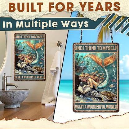 Mermaid Bathroom Wall Art, Vintage Coastal Metal Tin Sign for Beach House & Girls Room Decor - Rustic 8x12 Inch