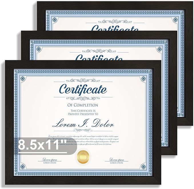 Hongkee 8.5x11 Diploma Frame with Tempered Glass, Multi Certificate 8.5 by 11 Photo Frame Bulk for Wall or Tabletop Display(Black, 3 Pack)