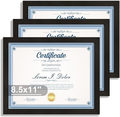 Hongkee 8.5x11 Diploma Frame with Tempered Glass, Multi Certificate 8.5 by 11 Photo Frame Bulk for Wall or Tabletop Display(Black, 3 Pack)