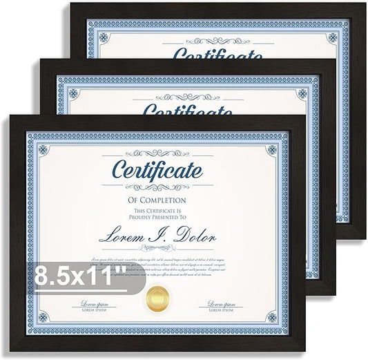 Hongkee 8.5x11 Diploma Frame with Tempered Glass, Multi Certificate 8.5 by 11 Photo Frame Bulk for Wall or Tabletop Display(Black, 3 Pack)