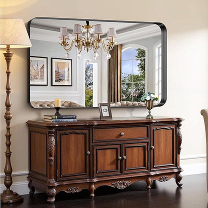 CIRCUMI Black Bathroom Mirror, 36"x60" Rectangular Mirror with Deep Metal Frame, Rounded Corner, Tempered Glass, Large Mirror for Wall, Over 2 Sinks, Installed Vertically/Horizontally, Crystal-Clear