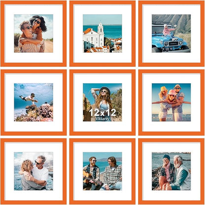 Vittanly 12x12 Picture Frames Set of 9, Shatter Resistant Plexiglass, Display 8x8 Pictures with Mat or 12x12 without Mat, Photo Frames for Wall Mount, Engineered Wood, Orange