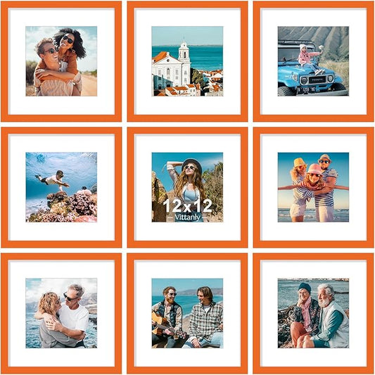 Vittanly 12x12 Picture Frames Set of 9, Shatter Resistant Plexiglass, Display 8x8 Pictures with Mat or 12x12 without Mat, Photo Frames for Wall Mount, Engineered Wood, Orange