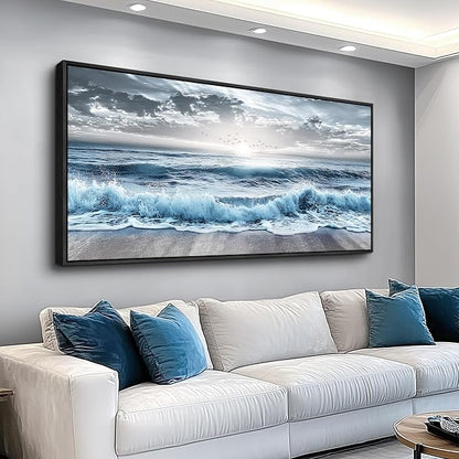 ERQINHUA Large Canvas Wall Decor For Bedroom Wall Art For Living Room Office Decor Blue Beach Sea Wave Paintings Sunrise Ocean Seascape Wall Pictures Artwork Modern Home Decor Black Frame 24x48 In
