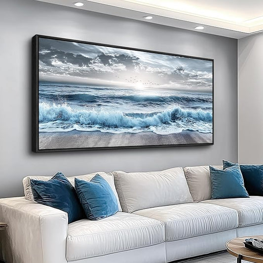 ERQINHUA Wall Decor For Bedroom Dining room Wall Art For Living Room Office Decor Blue Beach Sea Wave Paintings Sunrise Ocean Seascape Wall Pictures Canvas Artwork Home Decor Black Framed 20x40 In