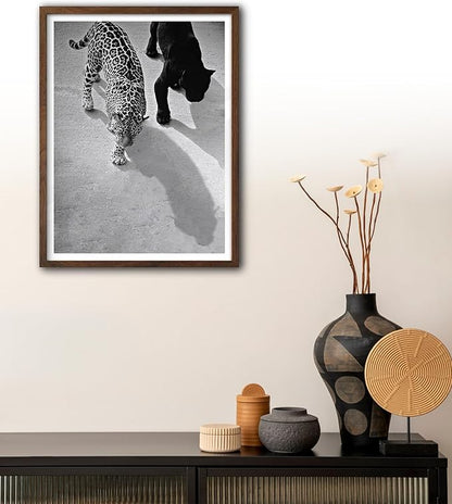 EcoHest Cheetah and Jaguar Walking Framed Wall Art, Walnut Color 12x16 in OAK Wood Vintage Black and White Funny Bathroom Canvas Art, Fashion 1950s Poster Decor, Set of 1 for Bedroom Living Room