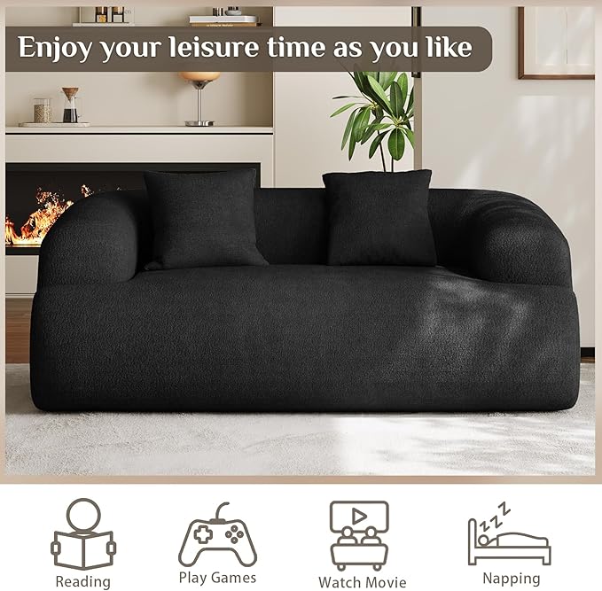 75" Boneless Cloud Loveseat, Modern Cute Curved Chenille Sofa, 2 Seater Compression Couch with 2 Pillows, No Assembly Required for Apartment Living Room, Black
