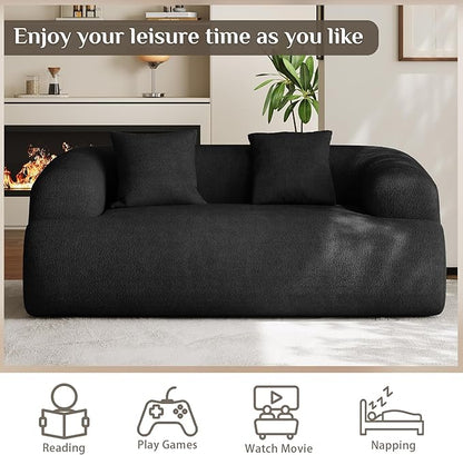 75" Boneless Cloud Loveseat, Modern Cute Curved Chenille Sofa, 2 Seater Compression Couch with 2 Pillows, No Assembly Required for Apartment Living Room, Black