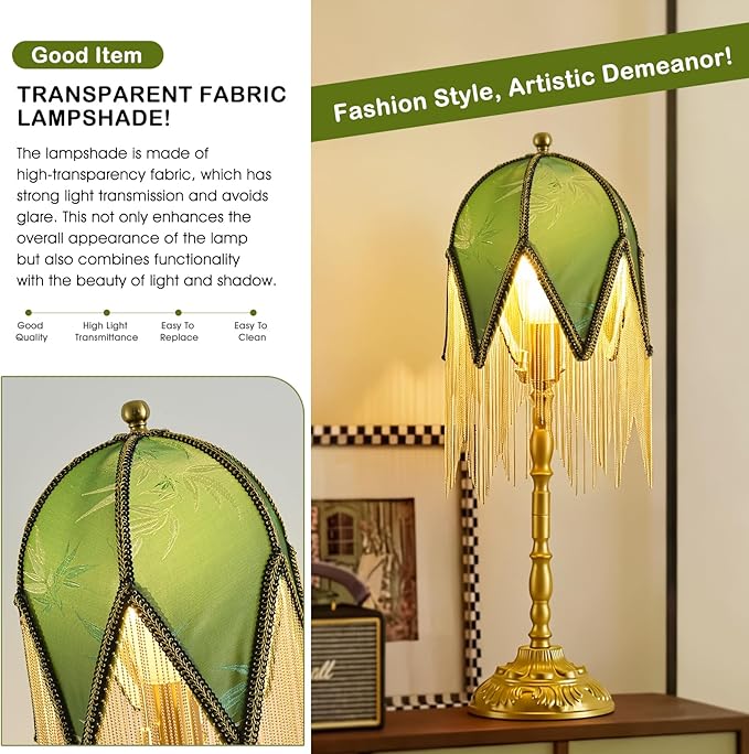 WELAISA- Vintage Table Lamp with Beaded Tassels, Metal Base Farmhouse Decorative Table Lamp for Reading-B