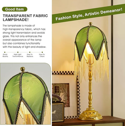 WELAISA- Vintage Table Lamp with Beaded Tassels, Metal Base Farmhouse Decorative Table Lamp for Reading-B