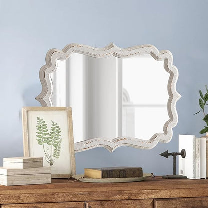 Vintage Scalloped White Mirrors for Wall Decor Living Room 13 X 20 Inches, Distressed Finish Carved Wooden Framed Hanging Makeup Mirror, Bathroom Vanity Mirrors, Horizontal or Vertical