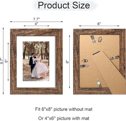 iRahmen 6x8 Picture Frame with Mat 4x6 - High Definition Real Glass Wooden Photo Frames for Tabletop Display and Wall Mounting (Brown, Set of 2)