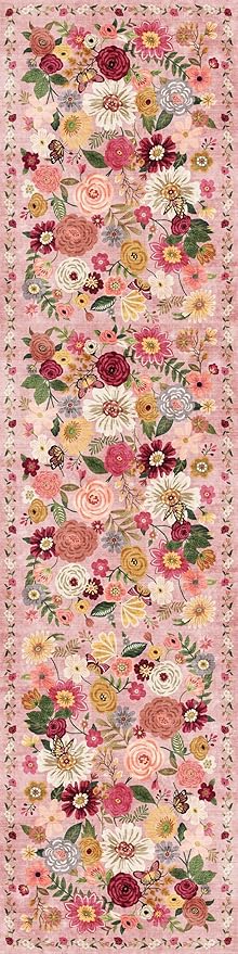Rug for Hallways Kitchen Rug 3x7, Non Slip Washable Runner Rug with Rubber Backing Soft Floral Carpet for Hallways, Kitchen, Laundry, Bedroom, Bathroom, Pink Garden