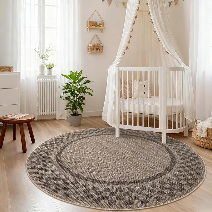 4ft Washable Round Rug for Entryway Modern Checkered Bedroom Circle Rug Non Slip Soft Dining Room Round Throw Carpet Small Stain Resistant Border Round Rugs for Living Room Kitchen Bathroom, Brown