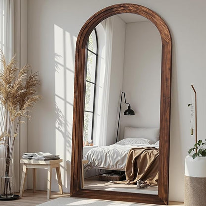 Full Length Mirror, 81"x41" Wooden Mirror Full Length with Stand Wood Floor Mirror, Oversized Stand Up Mirrors Large Wall Mirrors, Wall Mounted Mirrors, Arched Wood Style, Walnut