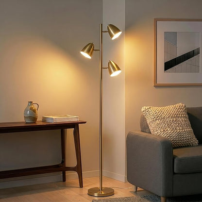 Brightech Jacob LED Standing Lamp, Modern Bright Floor Lamps for Living Rooms & Bedrooms, Tall LED Lighting Lamp with Adjustable 3 Light Tree – Antique Brass/Gold