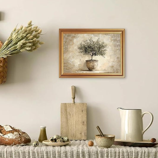 JLTULT Gold Framed Potted Olive Tree Wall Art, Vintage Botanical Canvas Wall Decor, Olive Branch Art Print for Living Room Bedroom Office 12x16 Inch with Fade-Resistant Print Easy to Hang