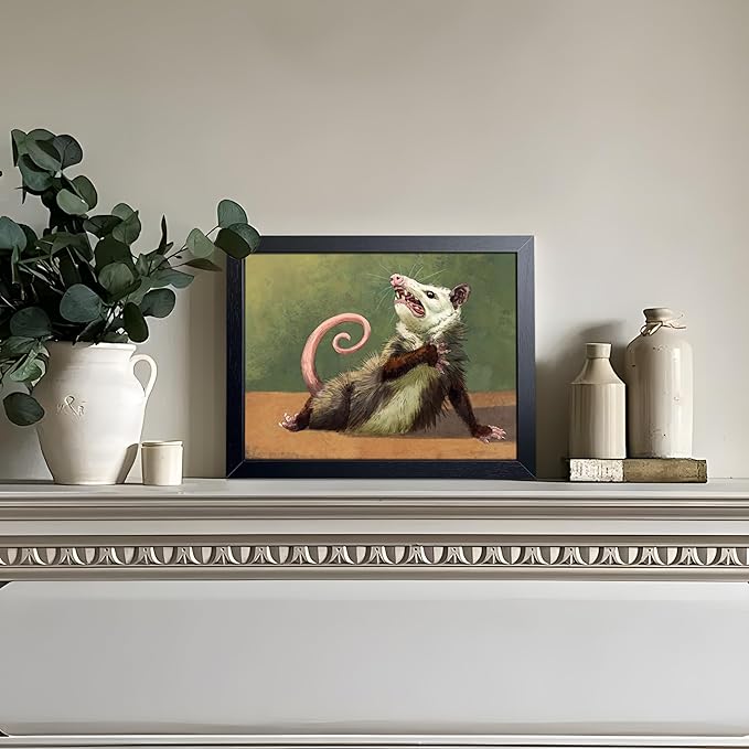 Funny Animals Opossum Wall Art, Whimsical Opossum Canvas Wall Decor Posters, Cute Possum Humor Animal Lovers Prints Painting for Living Room Bedroom Dorm Decor 8x10 Inch Framed