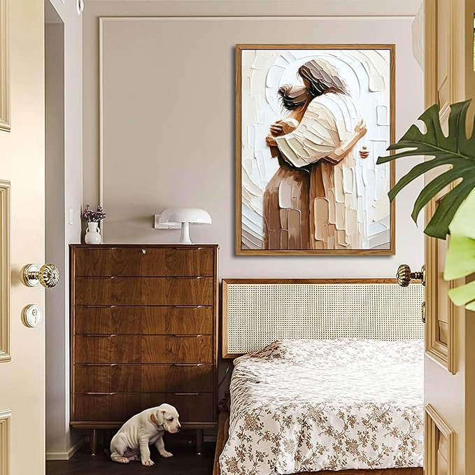 AKWISH Floating Frame Jesus Embracing Woman Canvas Wall Art, Safe in His Arms Pictures Canvas Print Posters Wall Decor, Christian Wall Art Home Decor for Living & Prayer Room 24x36 inch
