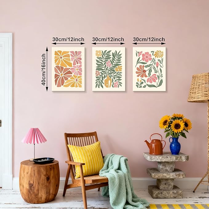 WENGTIAO 3Pcs Flower Market Canvas Wall Art Boho Floral Prints Posters Colorful Blossom Paintings Pictures Minimalist Wildflower Artwork for Living Room Girls Room Nursery Bedroom 12x16x3