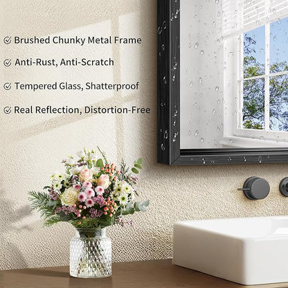 CIRCUMI 18"x24" Black Mirror with Chunky Box Metal Frame, Brushed Finish Rectangular Bathroom Mirrors for Over Sink, Living Room, Entryway, Tempered Glass Mirror for Wall, Vertical or Horizontal