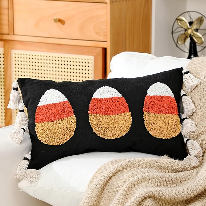 Yuntau Halloween Throw Pillow Cover with Tassels 12 x 20 Inch Decorative Candy Corn Pillowcase Embroidery Furry Plush Candy Corn Cushion Cover Halloween Decorations for Home Sofa Couch Bedroom Outdoor