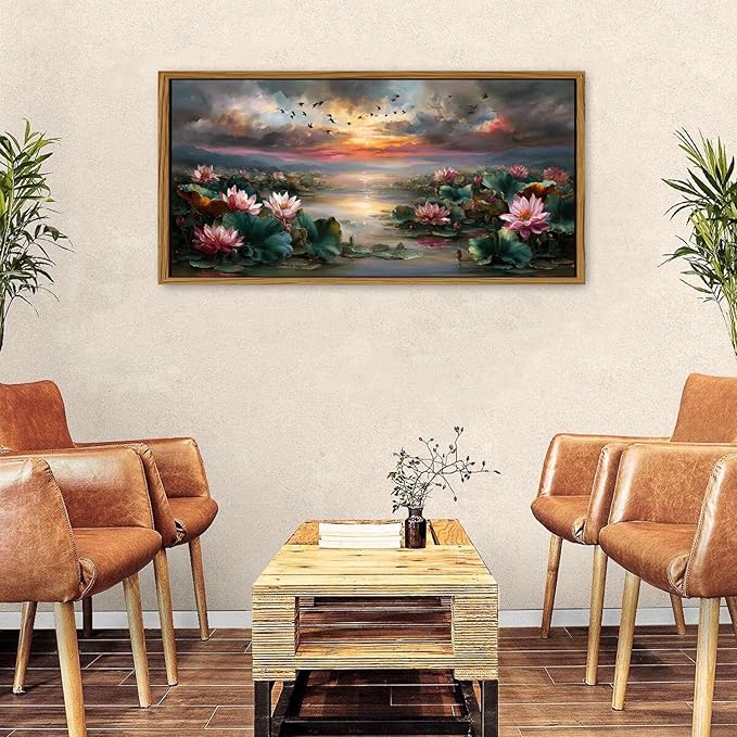 Framed Lotus Flower Decor Zen Wall Art Vintage Pink Floral Pictures Rustic Blooming Botanical Canvas Prints Farmhouse Wildflower Painting Dusk Artwork for Bedroom Living Room Home Decoration 24x48