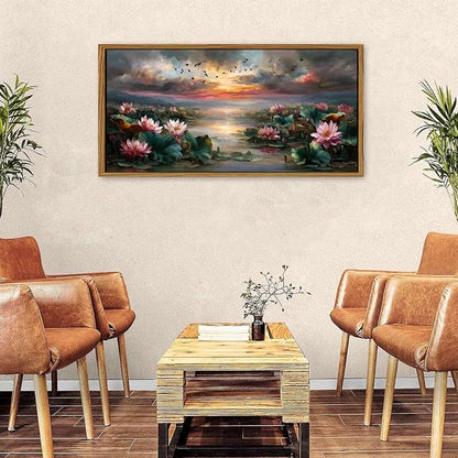 Framed Lotus Flower Decor Zen Wall Art Vintage Pink Floral Pictures Rustic Blooming Botanical Canvas Prints Farmhouse Wildflower Painting Dusk Artwork for Bedroom Living Room Home Decoration 24x48