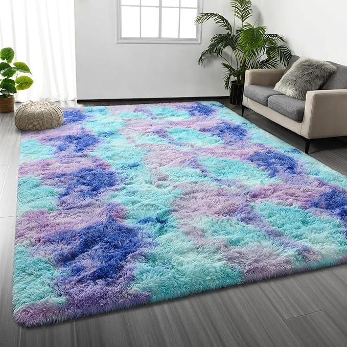 Deerhoo Large Shag Area Rugs 6 x 9, Tie-Dyed Plush Fuzzy Rugs for Living Room, Ultra Soft Fluffy Furry Rug for Bedroom, Indoor Carpet Nursery Rugs for Kids Room Home Decor, Rainbow