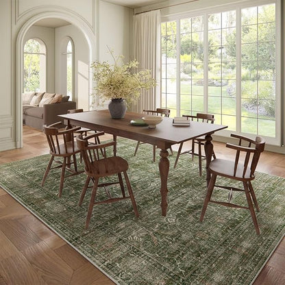 Washable 8x10 Area Rugs for Living Room, Boho Non-Slip Vintage Distress Large Rugs for Bedroom Dining Room Nursery Office, 0.3" Neutral Oriental Throw Thin Carpet, Grass Green/Multi, D1
