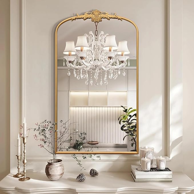 Besdomus Large Vintage Arched Mirror: 24"x42" French Arch Gleaming Gold Antique Wall Mounted Mirror - Traditional Ornate Home Decor for Entryway/Fireplace/Bathroom - Idea for Trendy Fashionistas