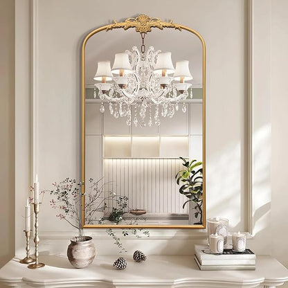 Besdomus Large Vintage Arched Mirror: 24"x42" French Arch Gleaming Gold Antique Wall Mounted Mirror - Traditional Ornate Home Decor for Entryway/Fireplace/Bathroom - Idea for Trendy Fashionistas