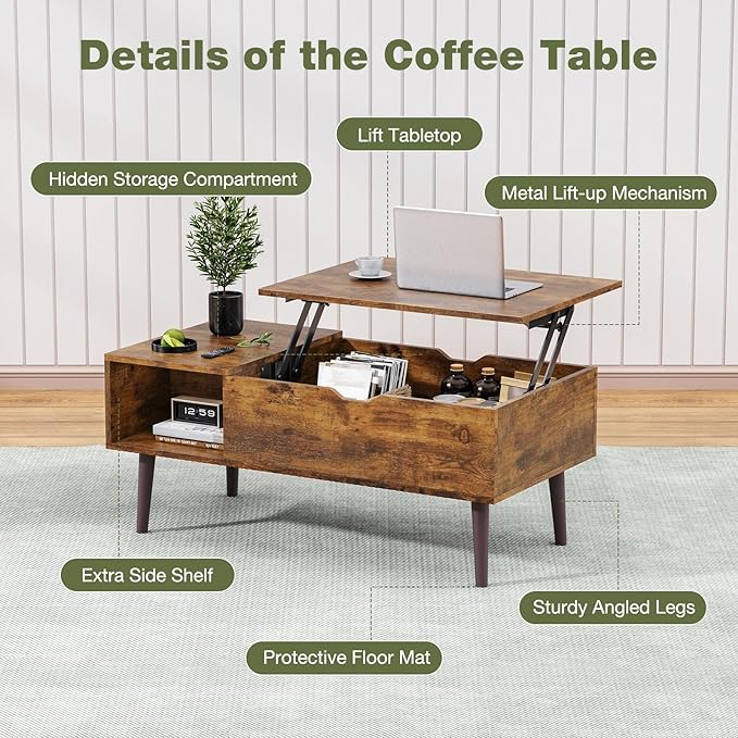 OLIXIS Wooden Coffee Table, Lift Top Coffee Table with Large Hidden Compartment and Ample Storage Shelf, Lift Tabletop Dining Table for Living Room, Home Small Space, Rustic